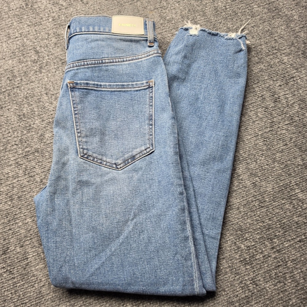 Express Slim Super High Rise Distressed Crop Jeans Womens Size 2R Blue Raw Hem